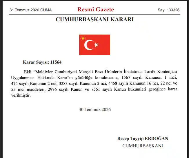 Türkiye ile Maldivler arasındaki ticari iş birliğine ilişkin yeni bir düzenleme Resmi Gazete'de yayımlandı.