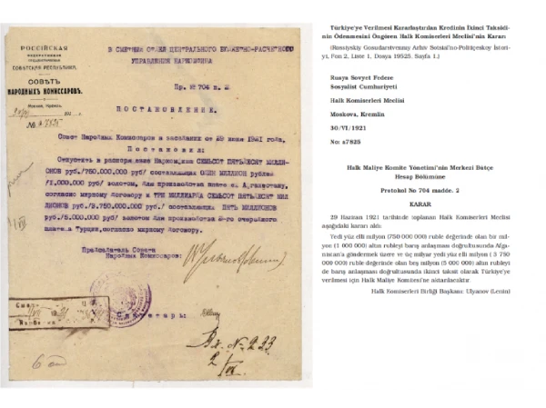 30 Haziran 1921’de Halk Komiserleri Konseyi Başkanı Vladimir Lenin’in, Türkiye Büyük Millet Meclisi’ne (TBMM) 5 milyon altın ruble tutarında mali yardım sağlayan bir karar