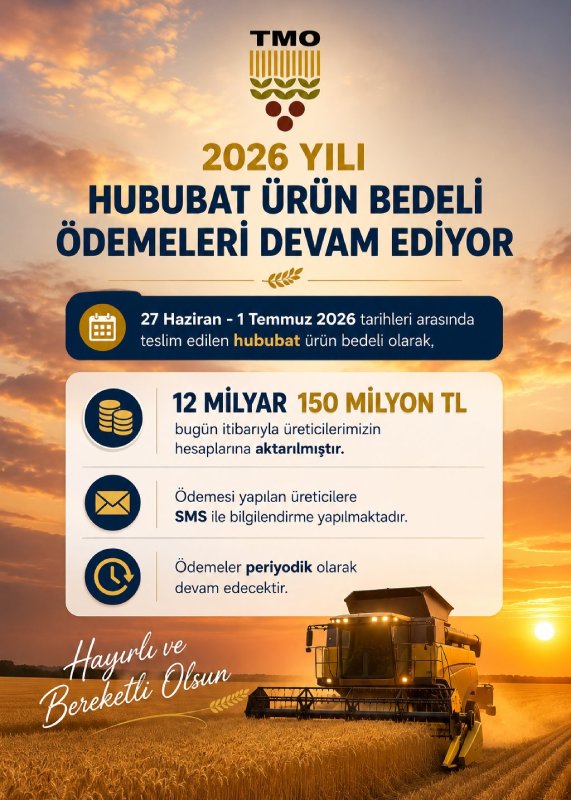 Toprak Mahsulleri Ofisi (TMO), 2026 yılı hububat alım ödemelerine ilişkin güncel durumu kamuoyuyla paylaştı.
