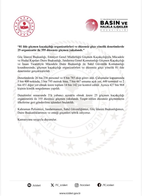 İçişleri Bakanlığı, ülke genelinde huzur ve güvenliğin sağlanması amacıyla 81 ilde göçmen kaçakçılığı organizatörleri ve düzensiz göçe yönelik eş zamanlı denetimler gerçekleştirildiğini açıkladı.