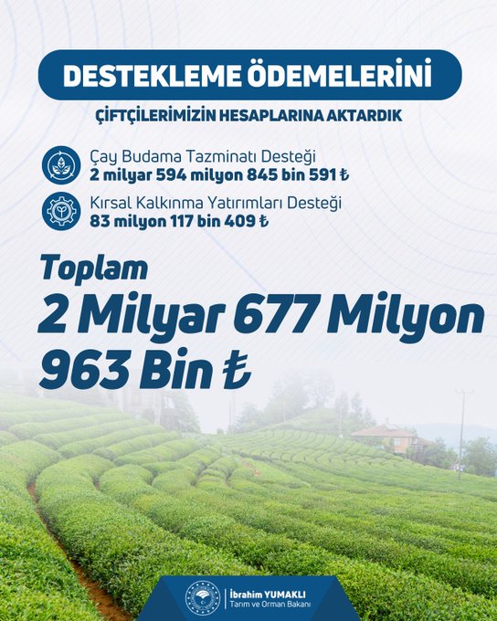 Tarım ve Orman Bakanlığı tarafından çiftçilere yapılan 2 milyar 677 milyon 963 bin TL tarımsal destek ödemesi duyurusu