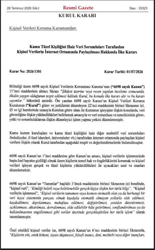 Kişisel Verileri Koruma Kurulu (KVKK), kamu tüzel kişiliğine haiz veri sorumlularının (belediyeler, üniversiteler, valilikler vb.) internet ortamında gerçekleştirdiği kişisel veri paylaşımlarına yönelik emsal niteliğinde bir İlke Kararı yayımladı.