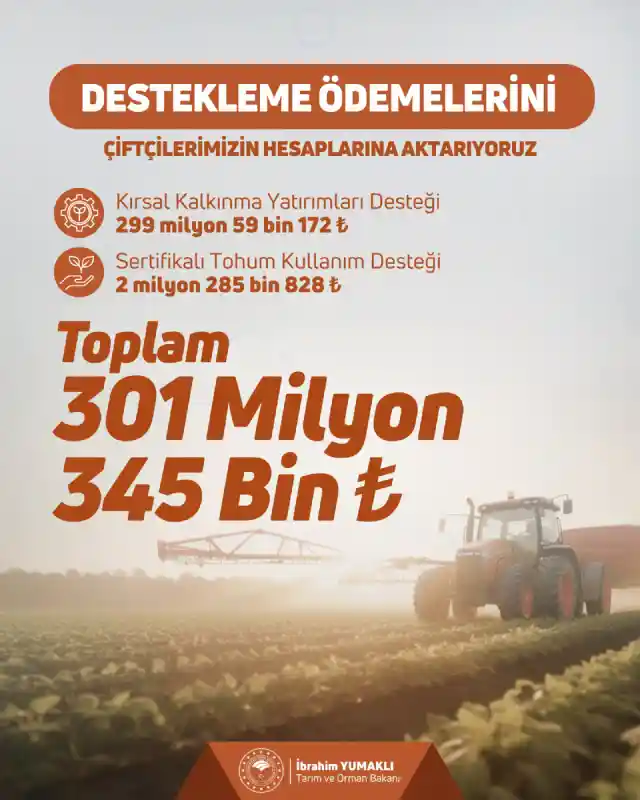 301 milyon 345 bin TL'lik tarımsal destekleme ödemesi.