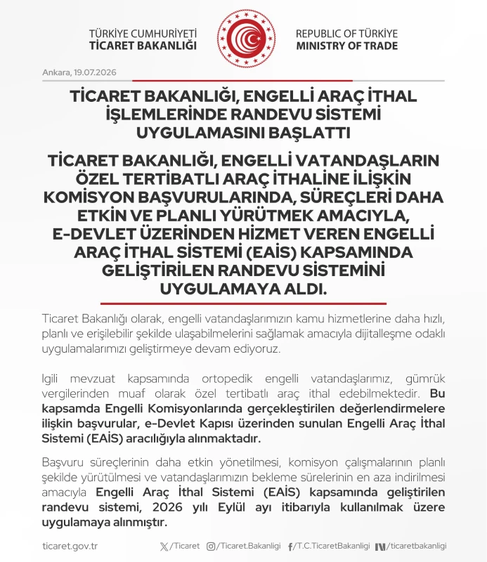 engelli araç ithal işlemlerinde randevu sistemi uygulaması