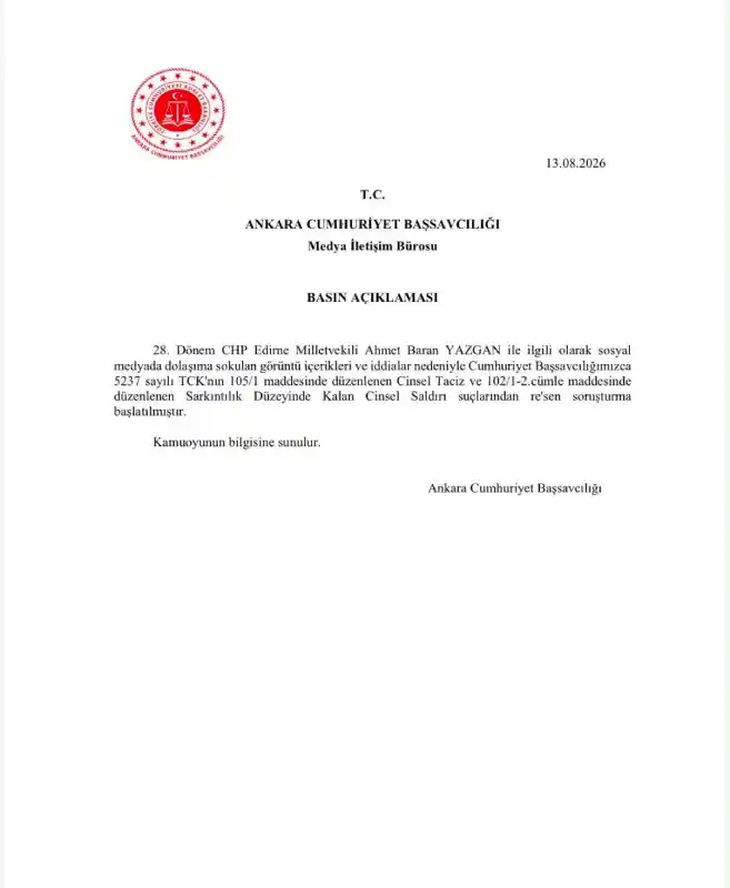 Ankara Cumhuriyet Başsavcılığı Medya İletişim Bürosu, sosyal medyada dolaşıma giren görüntüler ve iddialara ilişkin yazılı bir basın açıklaması yayımladı.
