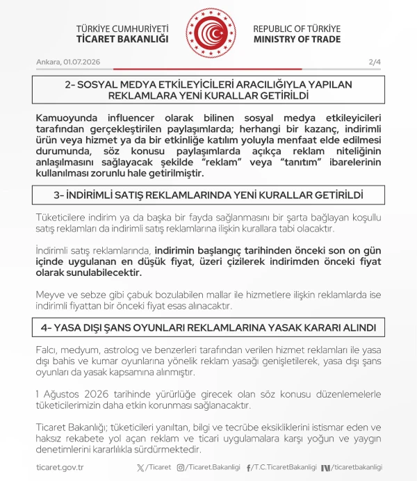 01.07.2026 tarihli, 33297 sayılı Resmi Gazete’de yayımlanan yeni kurallar-2