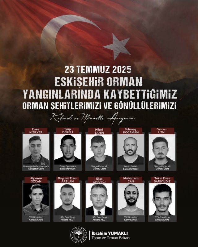 Eskişehir'de 23 Temmuz 2025 tarihinde meydana gelen orman yangınında alevlerle mücadele ederken şehit düşen orman teşkilatı mensupları ve yaşamını yitiren STK gönüllüleri, felaketin yıl dönümünde unutulmadı.