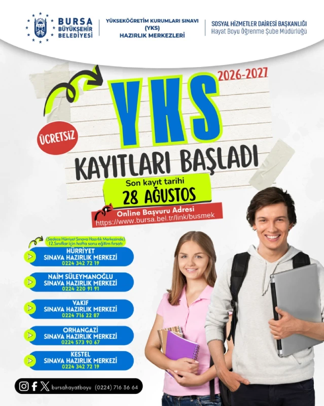 Bursa Büyükşehir Belediyesi, 2026-2027 eğitim-öğretim yılı ücretsiz YKS hazırlık kursları için kayıtların başladı