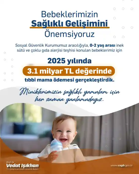 2025 yılında Sosyal Güvenlik Kurumu (SGK) aracılığıyla 3,1 milyar TL'yi aşan tıbbi mama ödemesi gerçekleştirildi.