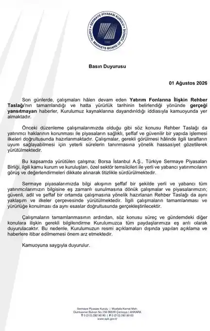 Sermaye Piyasası Kurulu, 01 Ağustos 2026 tarihli basın duyurusunda Yatırım Fonlarına İlişkin Rehber Taslağı hakkında açıklama yaptı.