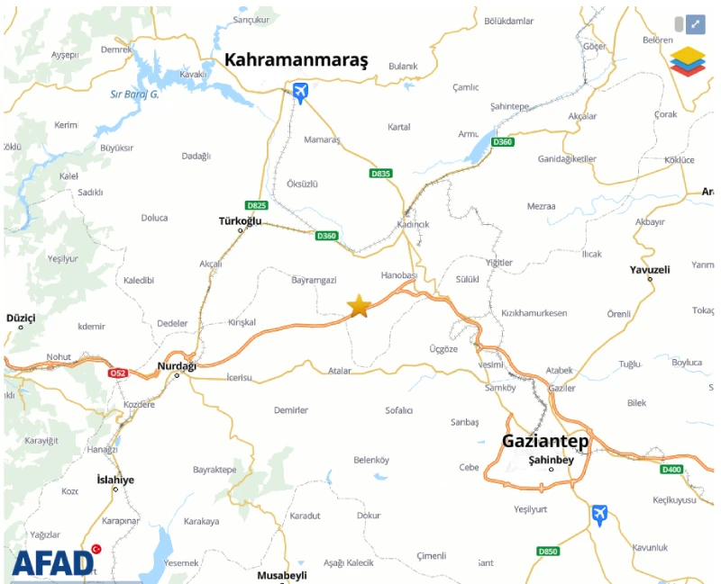 AFAD verilerine göre sarsıntı Kahramanmaraş ve çevre illerde hissedildi.