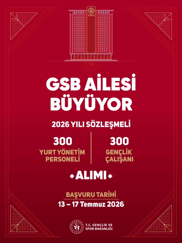 GSB bünyesinde istihdam edilmek üzere 300 Yurt Yönetim Personeli ve 300 Gençlik Çalışanı alımı duyurusu