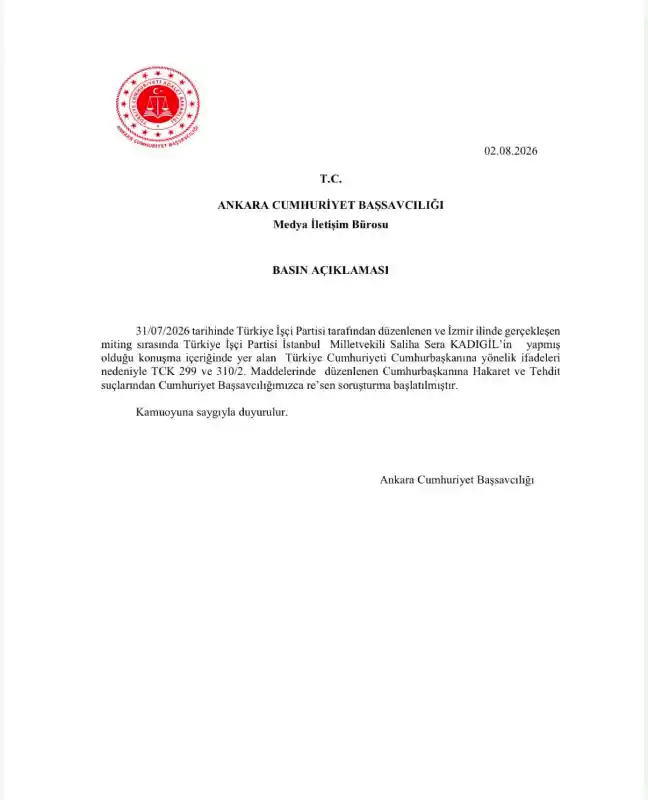 Ankara Cumhuriyet Başsavcılığı tarafından kamuoyuna duyuru